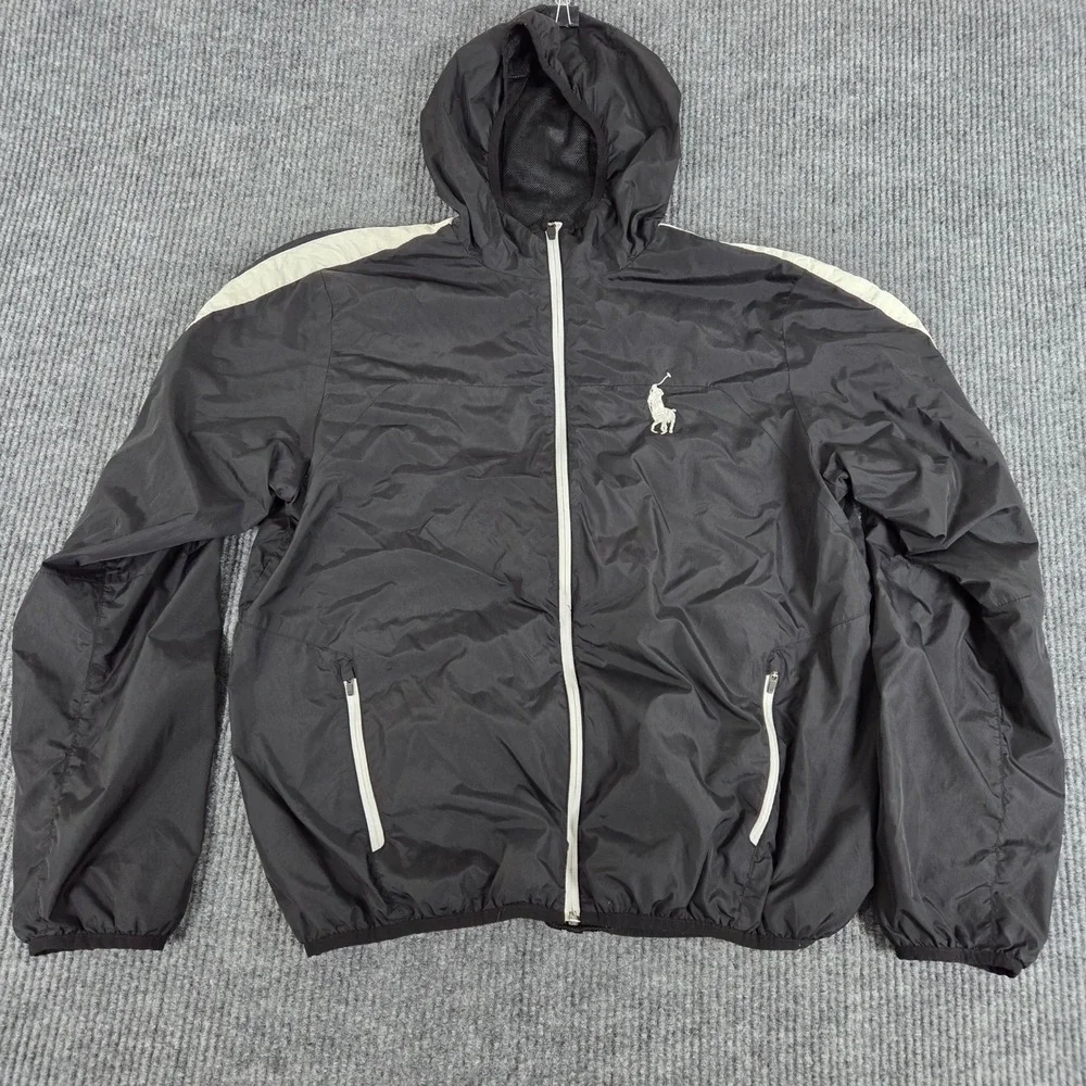 Vintage Polo Ralph Lauren Mens Black Performance Hooded Windbreaker Size‎ L